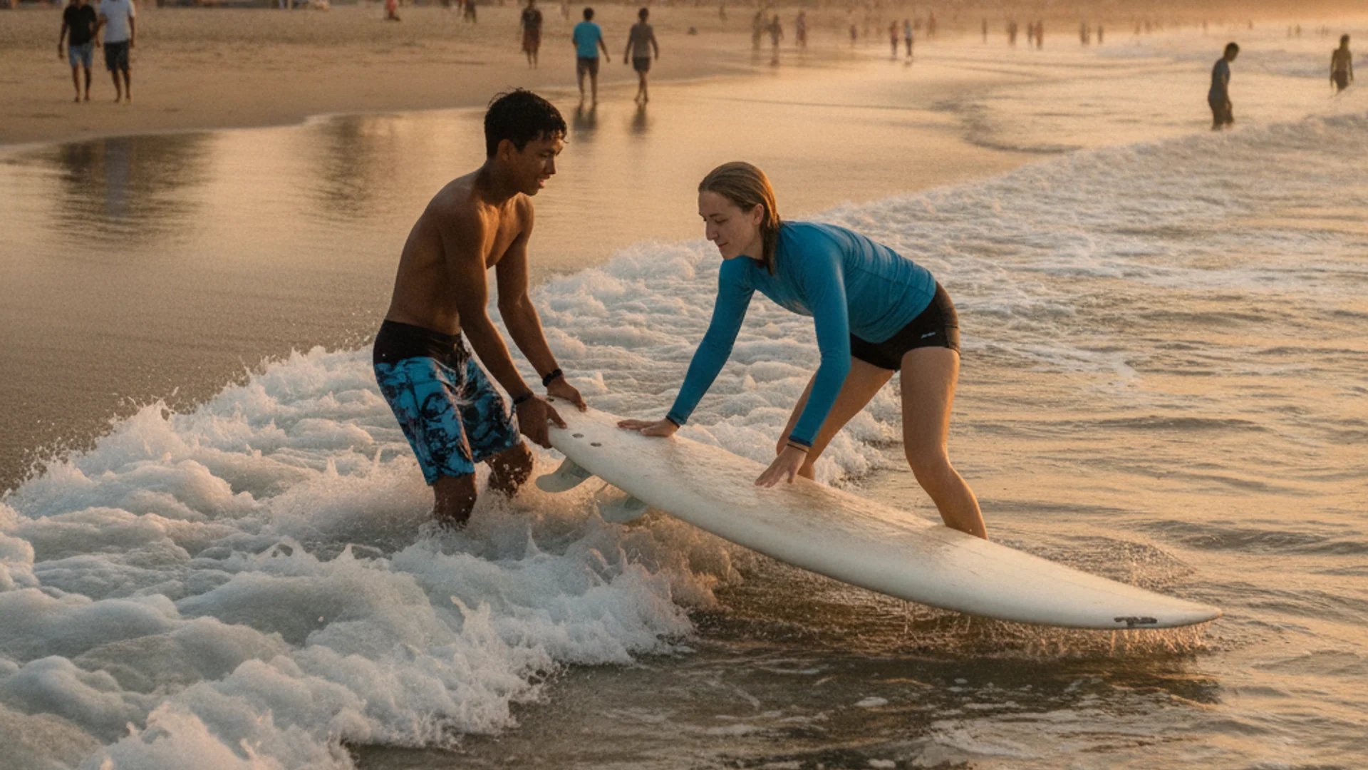 Surf Lessons Bali — surf instructor teaching a beginner in Bali