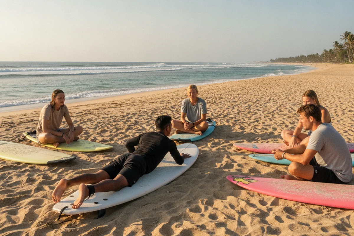 Beach pop-up briefing before a surf lesson with Surf Lessons Bali